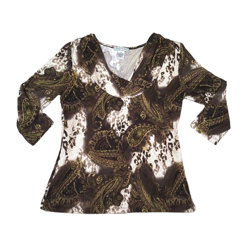 Vintage Havana Women Paisley Cowl Neck Top Size M Brown Beige Stretch 3/4 Sleeve